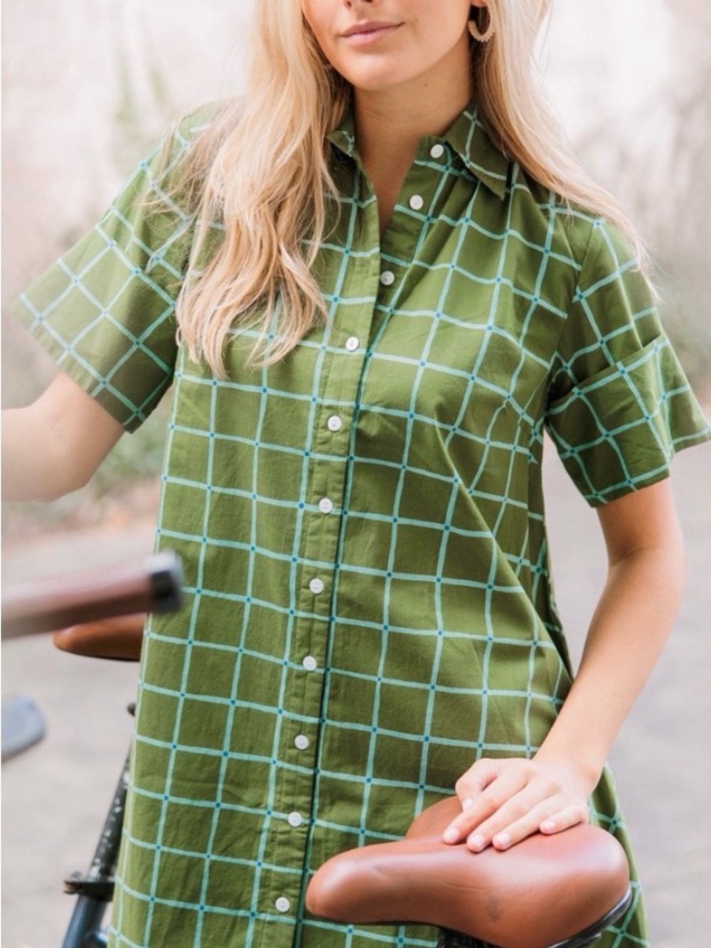 Livro Olive Green Windowpane Button-Down Mini Dress